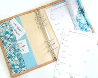 A5 planner, ring planner binder, cork leather planner, natural cork planner, Liberty Mitsi mint, french planner, medium planner vegan, bujo