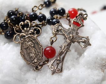 Catholic Our Lady Undoer of Knots Rosary in Solid Bronze with Blue Goldstone, Agate--Untier of Knots Semi-Precious Catholic Rosary--Handmade