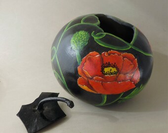 Home grown and Hand painted Art Gourd Bowl with lid. One-of-a-kind.