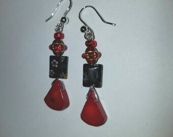 Red coral and black glass earrings