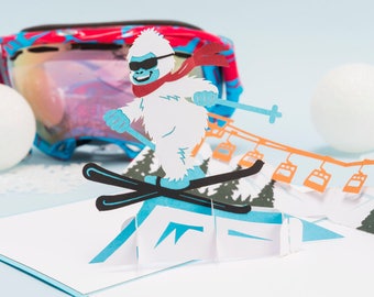Skiing Yeti Pop up Card, Winter Yeti Christmas Card, 3D Holiday Yeti Skiing Card, Bigfoot Pop up Card, Abominable Snowman 3D Card, Yeti Card