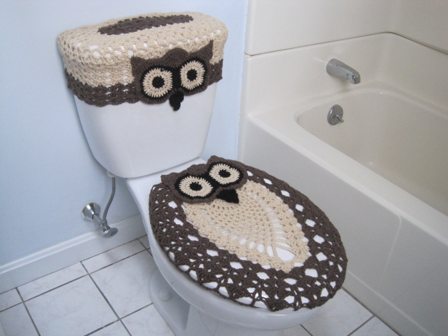 Crochet Set of Owl Toilet Tank Lid and Toilet Seat Covers Crochet Set of Owl Toilet Tank Lid and Toilet Seat Covers