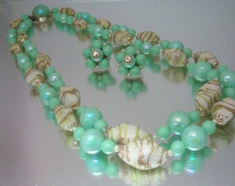 1950's Necklace & Earrings Set Corolene Coraline Beads Turquoise Iridescent Hong Kong