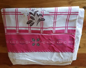 Vintage 30's linen Tablecloth--red and white floral