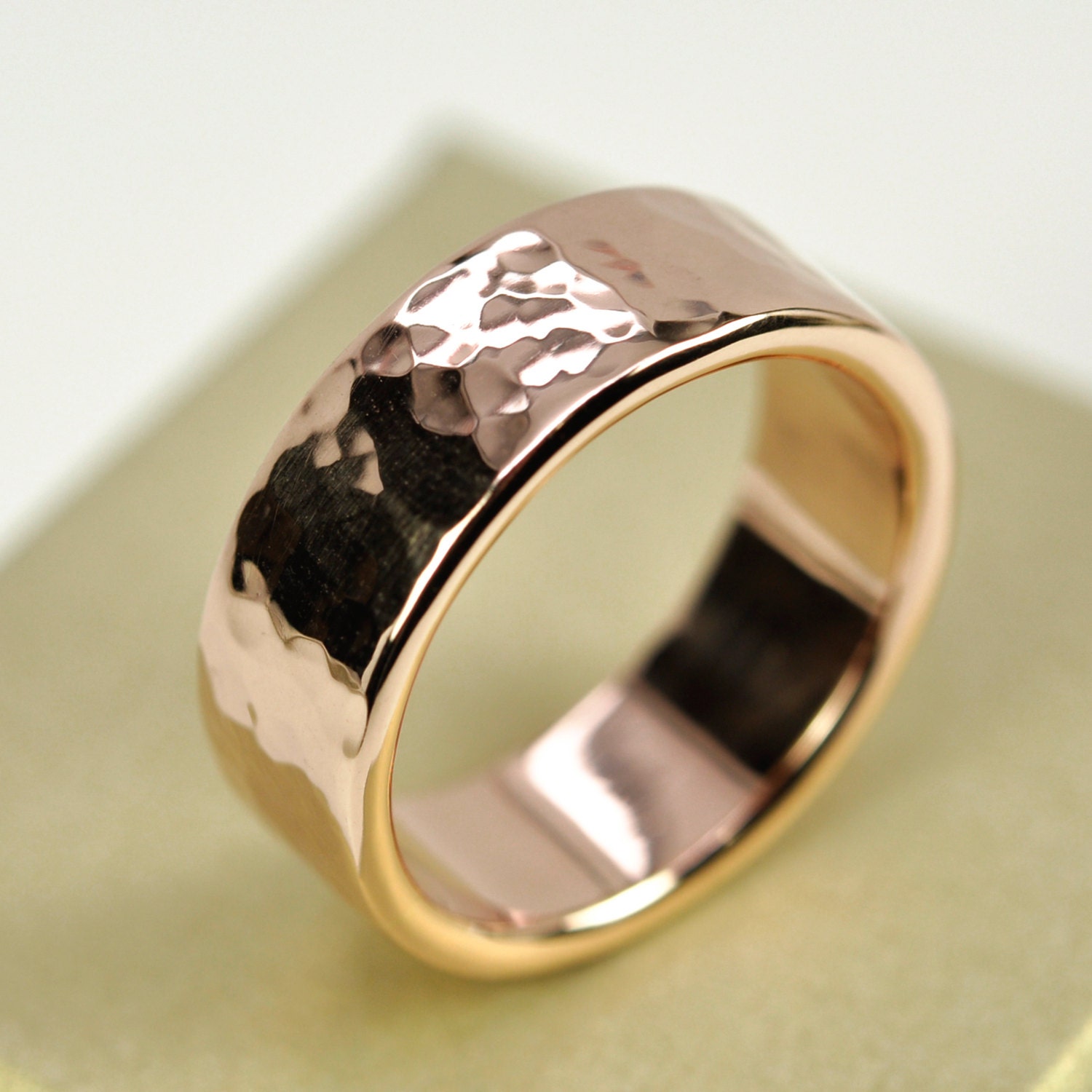 14K Rose Gold Mens Wedding Band Hammered Gold Ring 8mm Wide