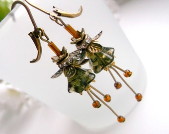 Botanical earrings botanical dangle Glass flower dangle bronze flower earrings floral earrings gift for girlfriend small flower dangle