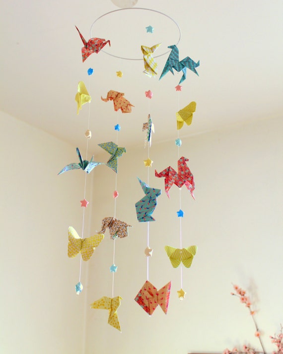 Baby mobile Origami animals with stars pastel rabbit