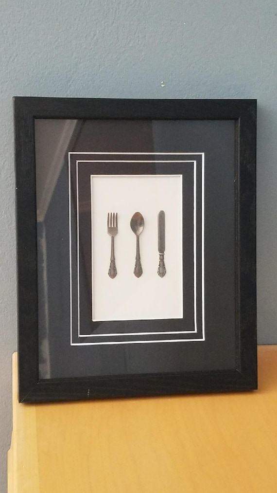 Miniature silverware matted and framed in black and white, fork spoon and knife, wall art decor