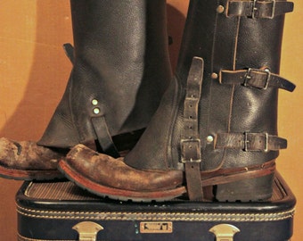 Vintage 1950's-80's Swiss Military Gaiters / Spats / Leather / Black / *Steampunk* / one size fits all