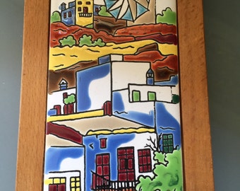 Vintage Neofitou Keramik Tile, Greek Hillside Village with Windmill, Handmade and Painted in Bold Color
