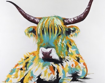 Highland Cow Painting | Art by Aidan Weichard | Original Painting on Canvas | Abstract Animal Art | 'Hector' 91 x 91cm | Modern Wall Art