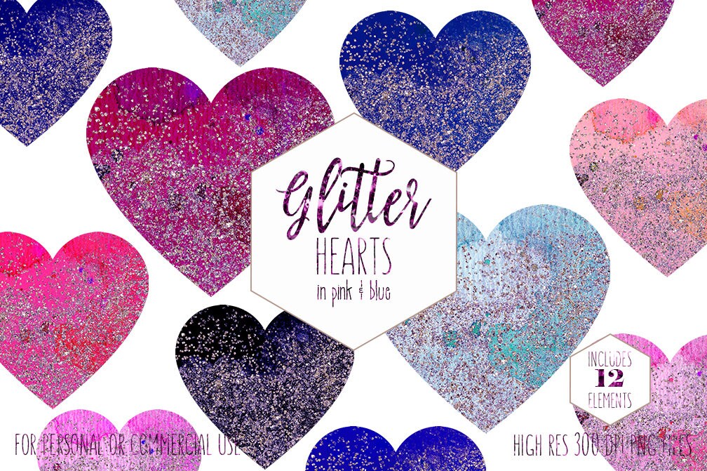CONFETTI HEARTS Clipart for Commercial Use Clip Art Watercolor Hearts with Metallic Glitter Pink