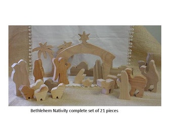 wood nativity set - Bethlehem set of 21 pieces cut from assorted woods.