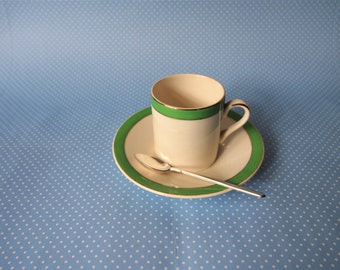 Demitasse Cup and Saucer Set Green and White “Queens Green” Solian Ware Soho Pottery Cobridge