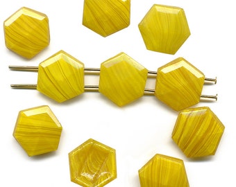 Vintage Nailhead Beads 14mm Butterscotch Yellow Glass, Six Sided, Two Holes 10 Pcs.