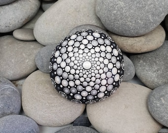 Grey & White Mandala Stone - Painted Rock - Mandala Rock - Meditation - Zen - Dotilism - Rock Art - Mandala Art - Christmas White