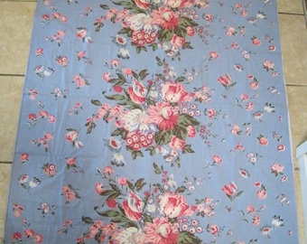 Vintage Barkcloth Fabric Roses Tulips Shabby