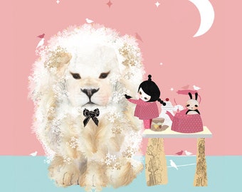 Children Art Print Nursery Lion - 'Tea Party for Hugo'