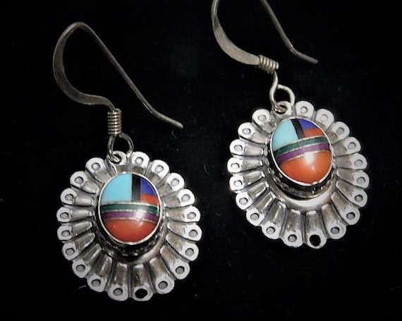 Vintage Quoc Turquoise Earrings / Red Coral / Lapiz / Sterling Silver