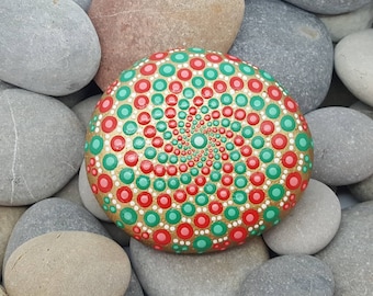 Green & Red Mandala Stone - Painted Rock - Mandala Rock - Meditation - Zen - Dotilism - Rock Art - Mandala Art