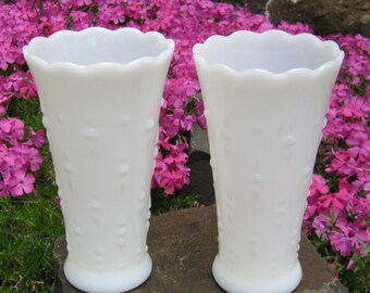 2 Milk Glass Vases Teardrop Pattern - White Wedding Decor - Oak Hill Vintage