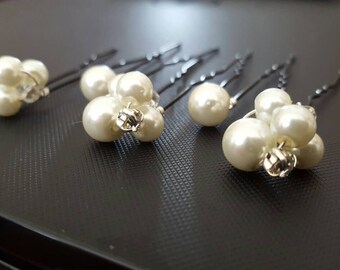 Pearl hair pins - Rhinestone hair pins - Pearl cluster hair pins - Wedding hair pins - Wedding accessory - Hair pearls - Pearl bobby pins