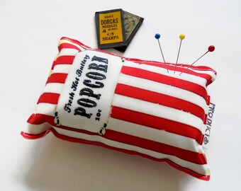 Sewing Gift, Canvas Pin cushion, Vintage branding, Popcorn, seamstress, tailor, crafter, desk tidy