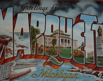 Large Letter Greetings From Marquette, Michigan Vintage Linen Postcard