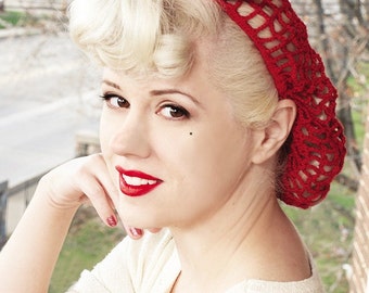 Vintage RetroPinup Hair Snood in Warm Red Crocheted from 1940's Design LIMITED QUANTITY