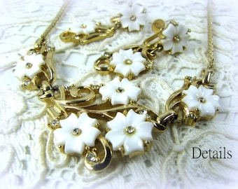 Vintage White Glass Flower necklace & earrings Trifari Style