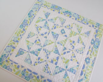 Quilted Square Table Topper - Modern Blue and Cream blooms add spring colors to your kitchen