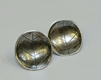 Sterling silver handmade leaf print stud earrings, hallmarked in Edinburgh