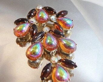 BIG SALE Vintage Dragon's Breath Rhinestone Brooch. Huge Dangling Jelly Opal Pin. Teardrop Dragon's Breath Brooch.