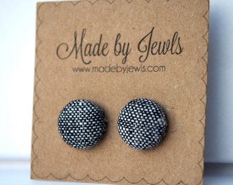Grey and Black Tweedy Handmade Fabric Covered Hypoallergenic Button Post Stud Earrings 10mm