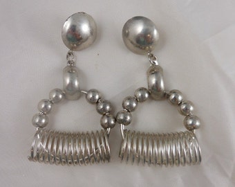 Vintage Silver Modernist Bold Funky Hoop Dangle Earrings