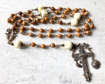 Rosary wirewrapped Bronze olive wood Holy Land Doves and hearts Sun and Moon crucifix wedding rosary catholic Jewelry by Rosenkranz-Atelier