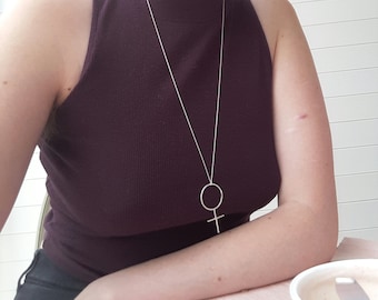 Large Sterling Silver Feminist Venus Symbol Necklace