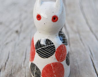 Hand Made Stoneware Red Black Small Cat Sculpture