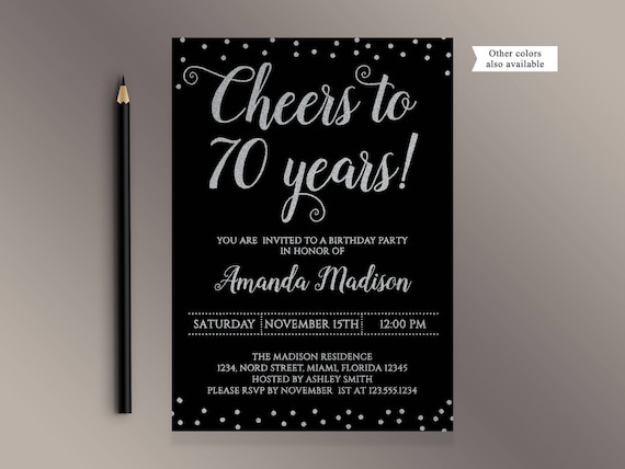 Cheers to 70 Years Birthday Party invitation Black and Silver