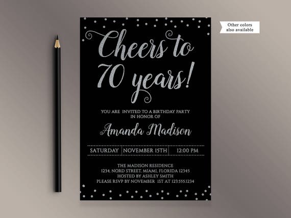 Cheers to 70 Years Birthday Party invitation Black and Silver