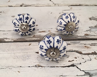 Antique White & Cobalt Blue Knobs, Decorative Pull Knob, Craft Supply, Furniture Ceramic Drawer Pulls, Cabinet Supplies, Item# 275743670
