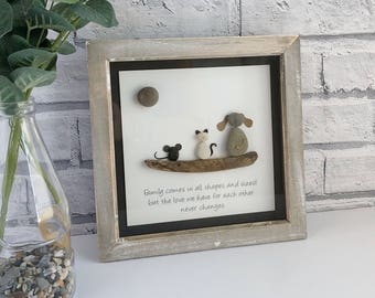 Handmade Rustic Framed Pebble Art "Animal Family", Pebble Art Animals, Pebble Picture Animals, Pebble Gifts, Framed Pebble Pictures