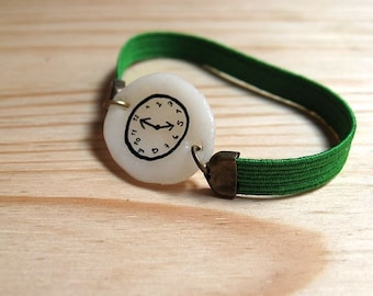 GREEN Fake watch bracelet with elastic watchband. Toy clock. One-of-a-kind handmade Porcelain charm.