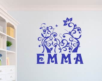 Personalized Name Wall Decal Girls Bedroom Name Decal Nursery Wall Flower Name Decal Girls Wall Flowers Girl Custom Name Wall Decal