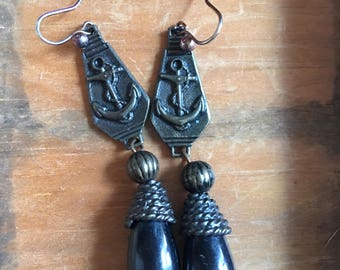 Vintage Pierced Black Earrings, Navy, Sailor,Vintage Jewelry, Vintage Earrings