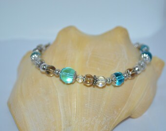 Ankle Bracelet Turtles & Glass Beads, Glass Bead Turtle Anklet, Turtle Charm Anklet, Beaded Anklet, Blue Bead Turtle Anklet