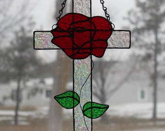 Stained Glass Cross - 10 in. tall - Red Rose