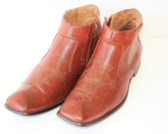 Camel Brown leather dress boots Vintage 70s Brown Beatle Boots Leather Talon Zipper Shoes Tooled Ankle Boots Us 9,5