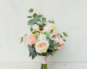 Ivory blush peach wedding flowers package bridal bouquet bridesmaid posies set artificial silk flowers rose eucalyptus rustic boho wedding