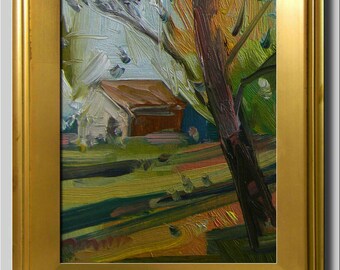 Plein Air Landscape Painting, Impressionist Oil Painting, Tree, House Painting, Cabin Woods Painting, Abstract Painting